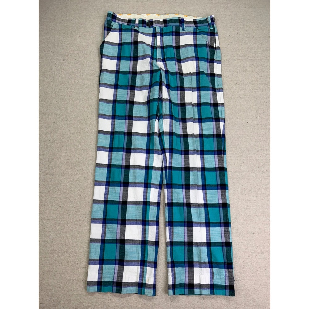 Loudmouth Golf Mens 34 Golf Pants Teal Blue Plaid Flat Front Cotton Blend